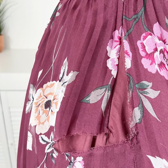 Jill Stuart | Burgundy Floral Print Pleated Zola Midi Dress | 0 - Picture 10 of 10